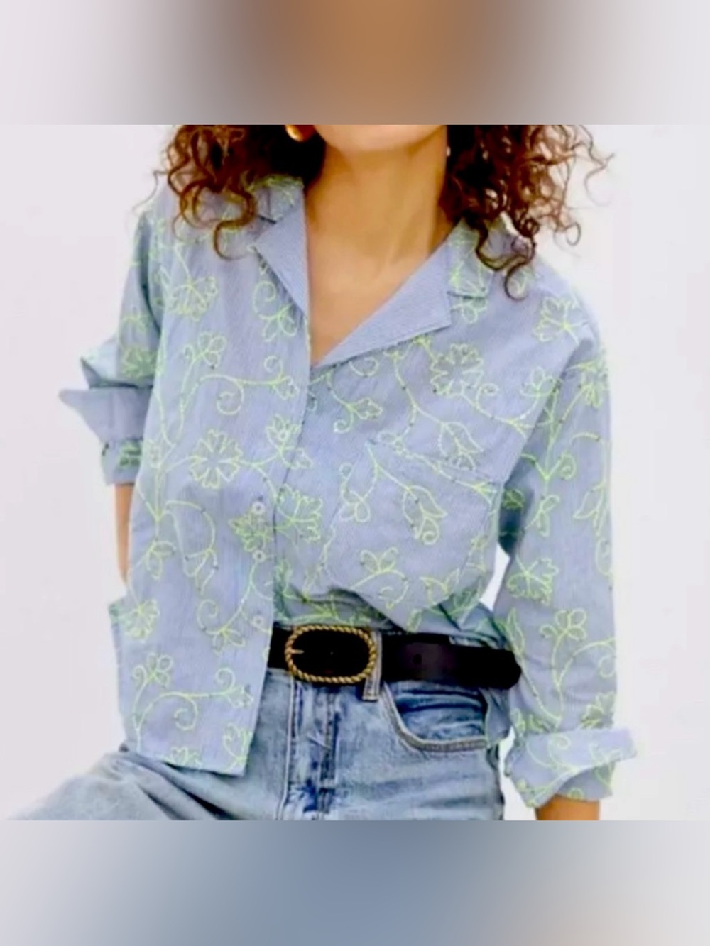 Maeve Blue&White Striped with Yellow Embroidery Button-Up Cotton Blouse - Size 4